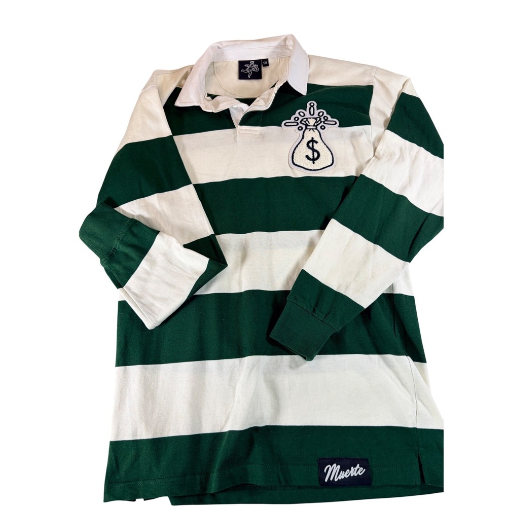 Muerte Green White Striped Rugby Shirt Money Bag Patch Long Sleeve Mens Size SM